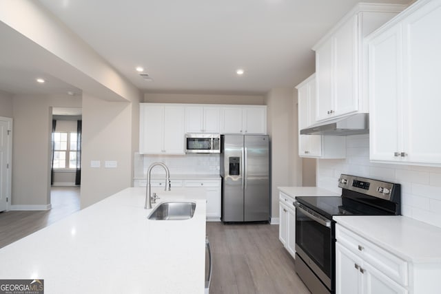 kitchen with sink, stainless steel appliances, light hardwood / wood-style floors, decorative backsplash, and white cabinets