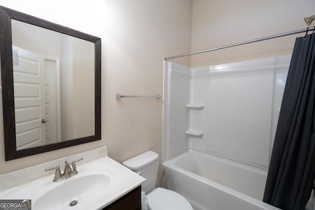 full bathroom with vanity, toilet, and shower / bathtub combination with curtain