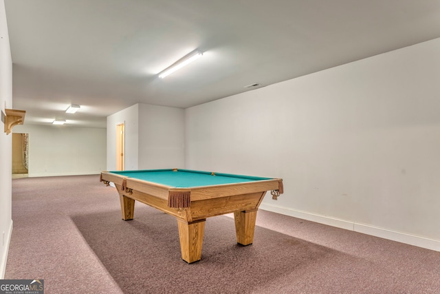 rec room with pool table and carpet flooring