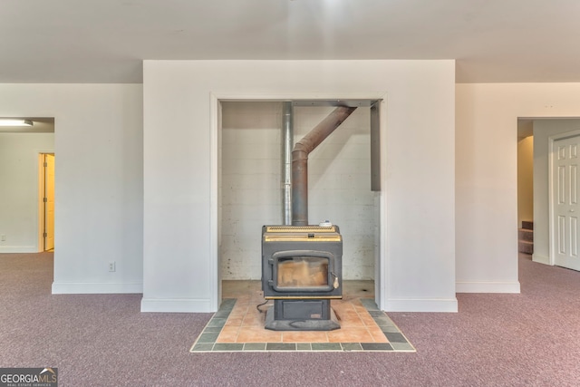 details featuring carpet flooring and a wood stove