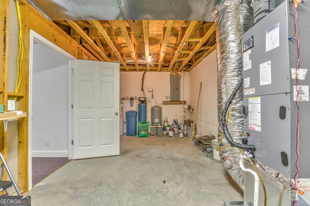 basement with heating unit and electric panel