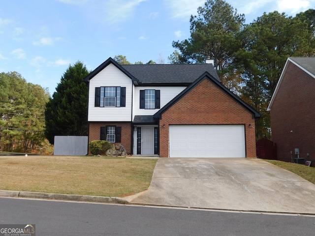 front of property featuring cooling unit, a garage, and a front lawn