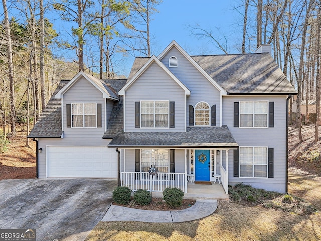 view of property featuring a garage and covered porch