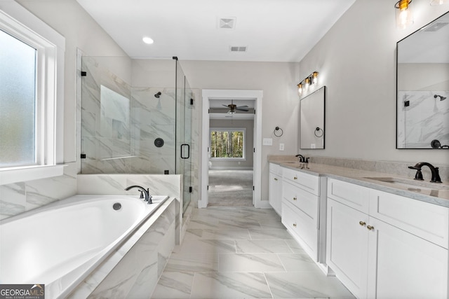 bathroom with vanity, independent shower and bath, and ceiling fan