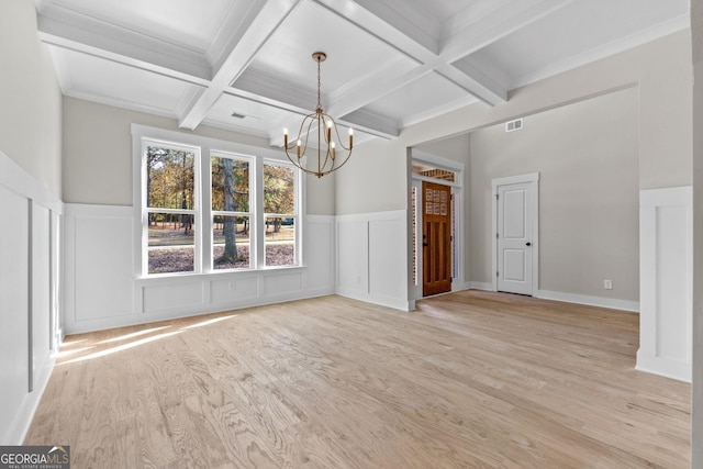 unfurnished dining area with coffered ceiling, beam ceiling, and a chandelier