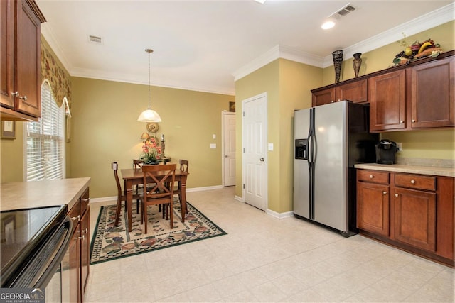 kitchen featuring crown molding, black electric range oven, stainless steel fridge with ice dispenser, and pendant lighting