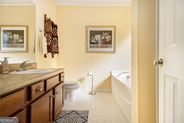 bathroom featuring toilet, crown molding, vanity, tile patterned flooring, and a washtub