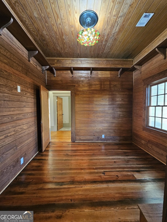 unfurnished room with wood ceiling, wooden walls, and dark wood-type flooring