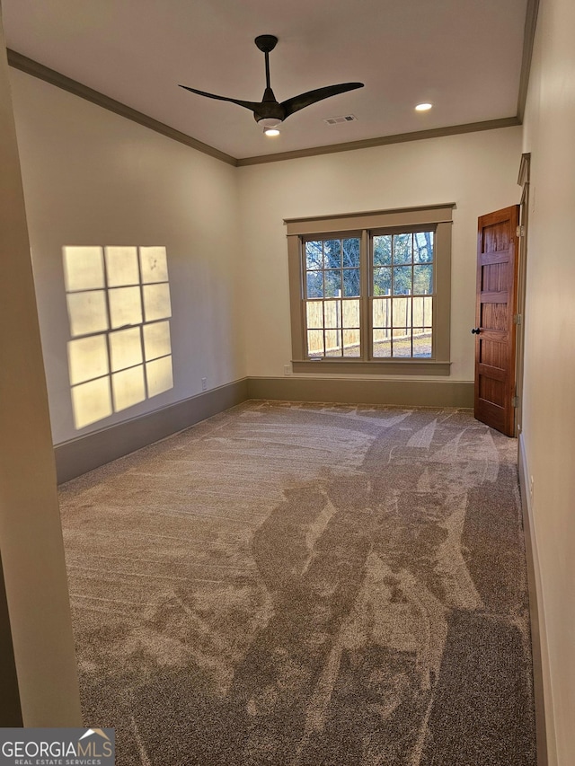 213 W Hightower Trl, Social Circle, GA 30025 - unfurnished room featuring carpet, ornamental molding, baseboards, ceiling fan, and recessed lighting