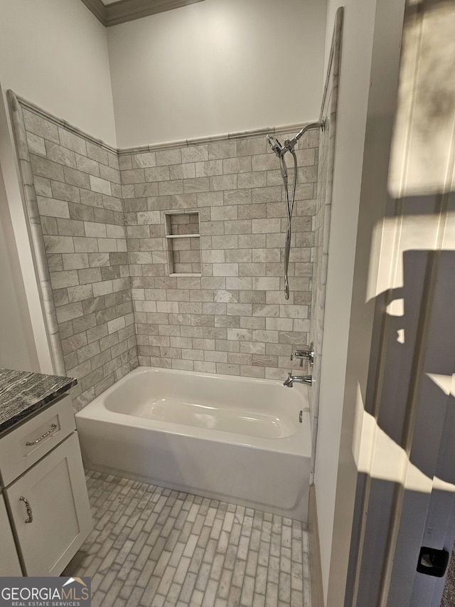 213 W Hightower Trl, Social Circle, GA 30025 - full bathroom with brick patterned floors,  shower combination, and ornamental molding