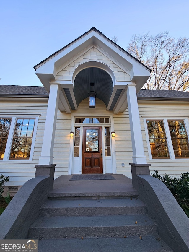 213 W Hightower Trl, Social Circle, GA 30025 - entrance to property featuring a porch and a shingled roof