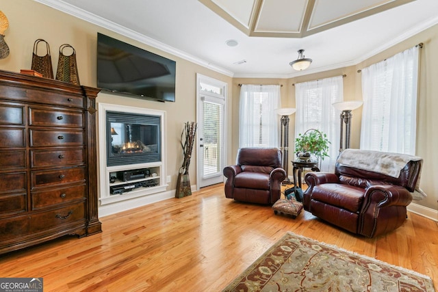 sitting room featuring ornamental molding and light hardwood / wood-style flooring