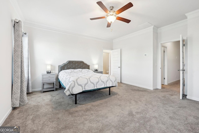 carpeted bedroom featuring ceiling fan and ornamental molding