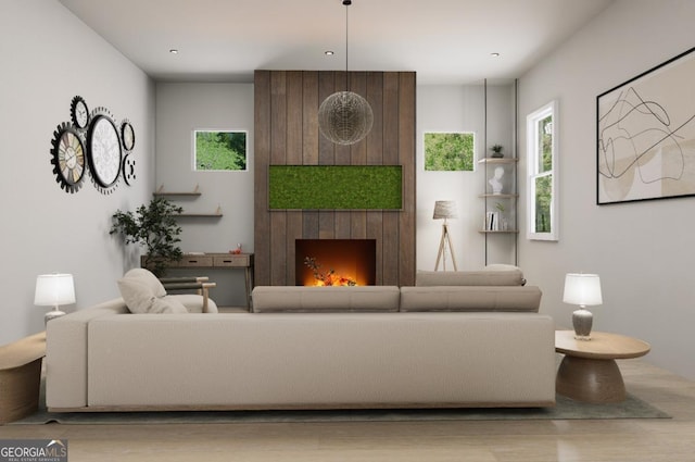 living room with a fireplace