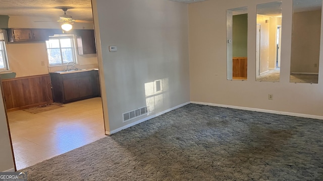 carpeted spare room featuring ceiling fan, sink, and wood walls