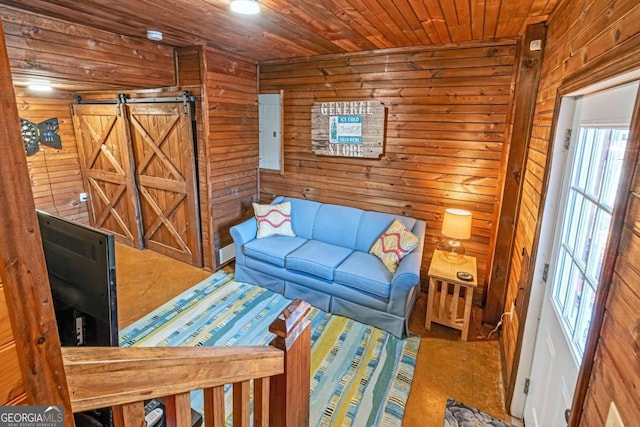 playroom featuring wooden ceiling and wood walls