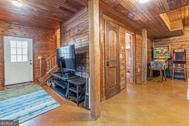 bathroom with washer and clothes dryer, vanity, wooden ceiling, tile patterned floors, and toilet