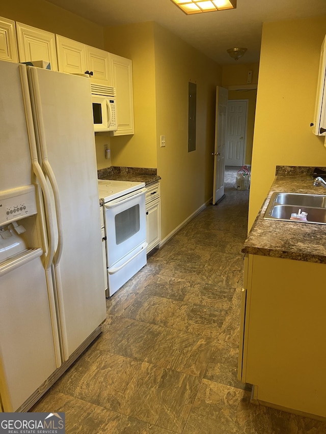 kitchen with white cabinetry, sink, electric panel, and white appliances