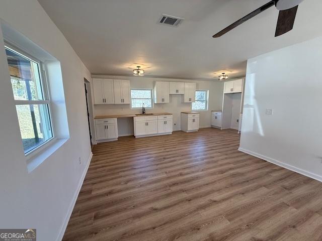 kitchen with hardwood / wood-style flooring, sink, white cabinets, and ceiling fan