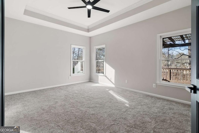 carpeted empty room with crown molding, a tray ceiling, a wealth of natural light, and ceiling fan