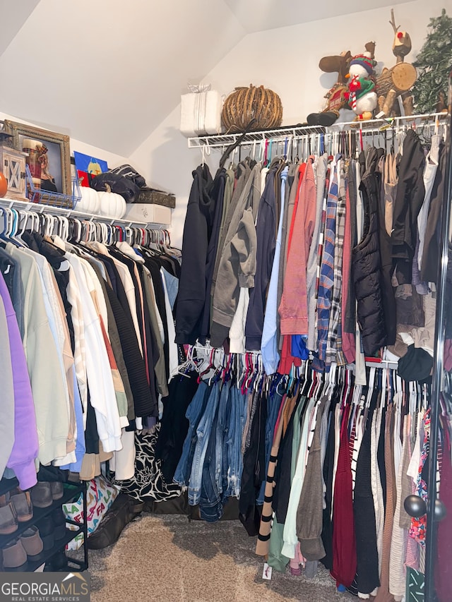 walk in closet with lofted ceiling and carpet flooring