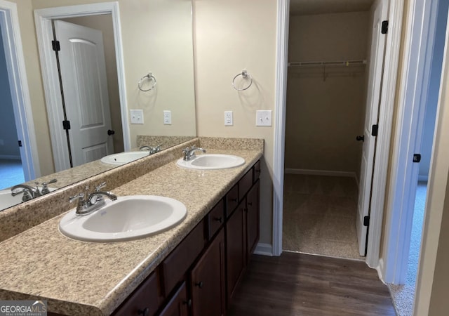 bathroom featuring wood finished floors, a sink, and a walk in closet