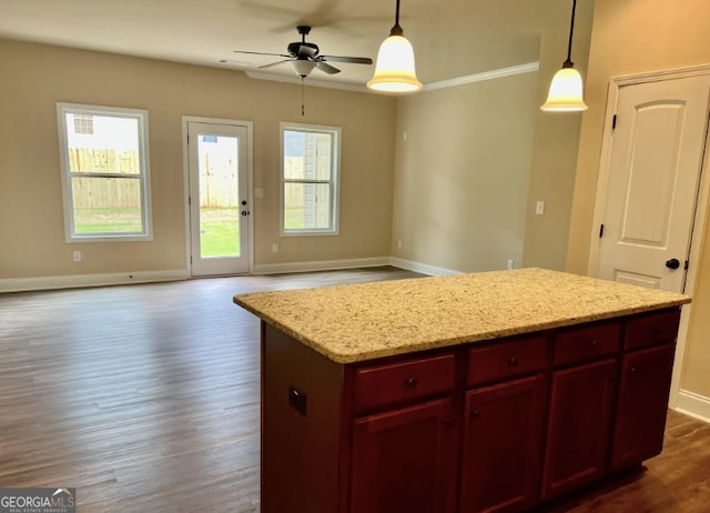 kitchen with dark wood-type flooring, open floor plan, decorative light fixtures, and dark brown cabinets