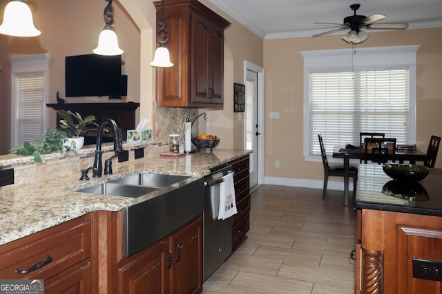 kitchen featuring sink, ornamental molding, light stone countertops, decorative backsplash, and stainless steel dishwasher