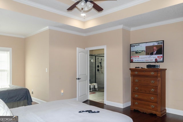 bedroom with ornamental molding, dark hardwood / wood-style floors, ceiling fan, and ensuite bathroom