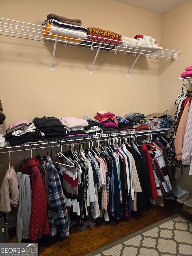 walk in closet with dark hardwood / wood-style flooring