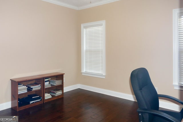 home office featuring crown molding and dark hardwood / wood-style flooring