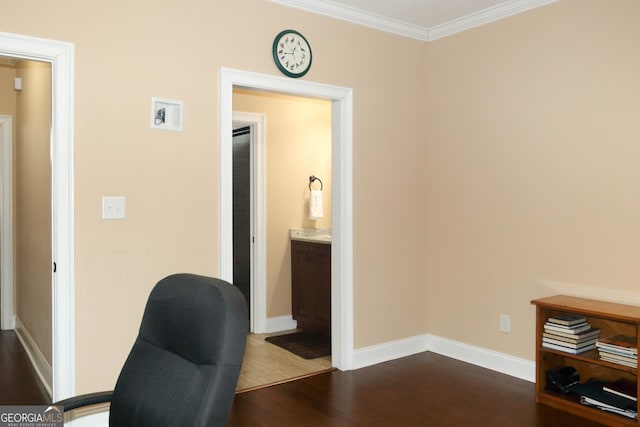 office area featuring crown molding and dark hardwood / wood-style floors