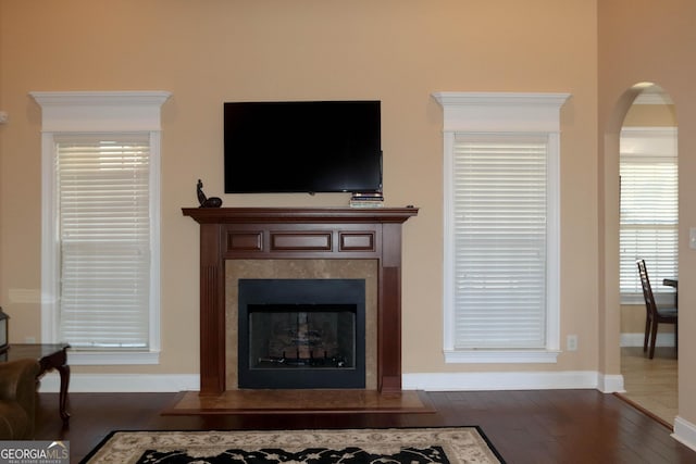 living room with a fireplace and dark hardwood / wood-style flooring