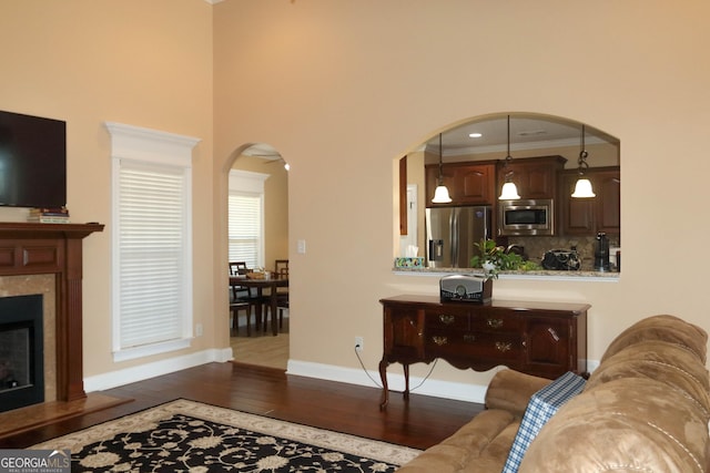 living room with a premium fireplace, ornamental molding, and dark hardwood / wood-style flooring