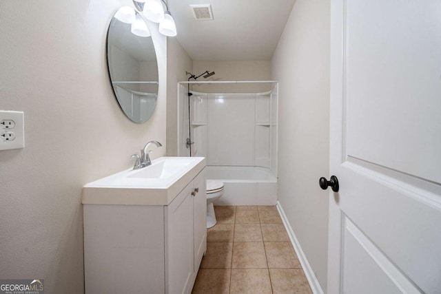 full bathroom with vanity, bathtub / shower combination, tile patterned floors, and toilet