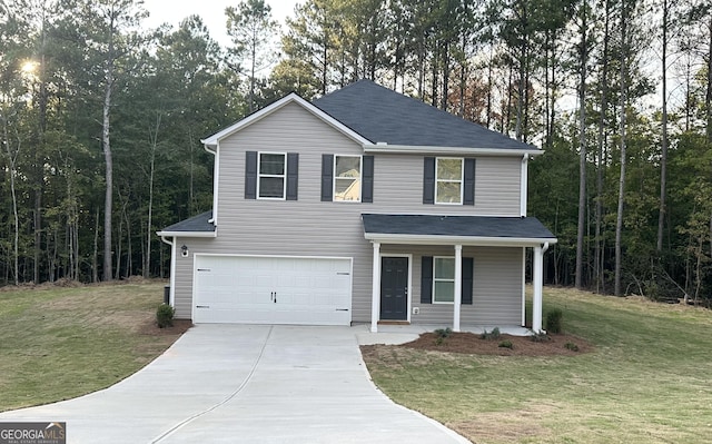 view of front facade featuring a garage, covered porch, and a front yard