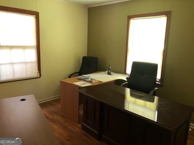 home office featuring ornamental molding, a healthy amount of sunlight, and dark hardwood / wood-style floors