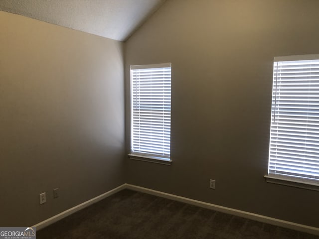 spare room with vaulted ceiling and carpet floors