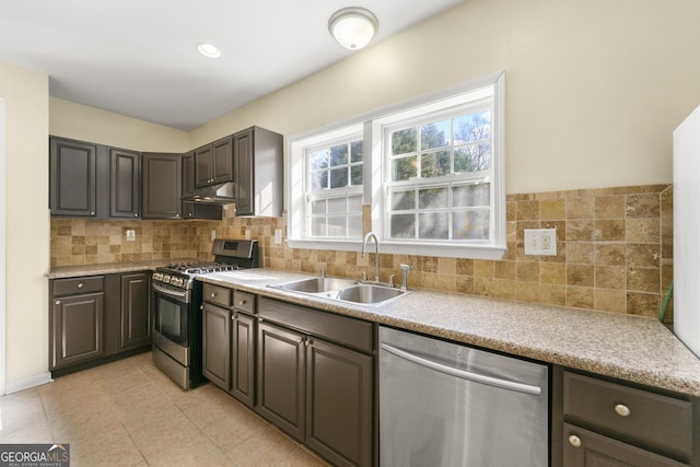 kitchen with tasteful backsplash, sink, dark brown cabinets, and appliances with stainless steel finishes