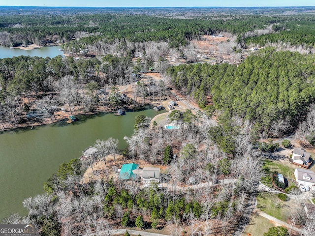 bird's eye view with a water view and a view of trees