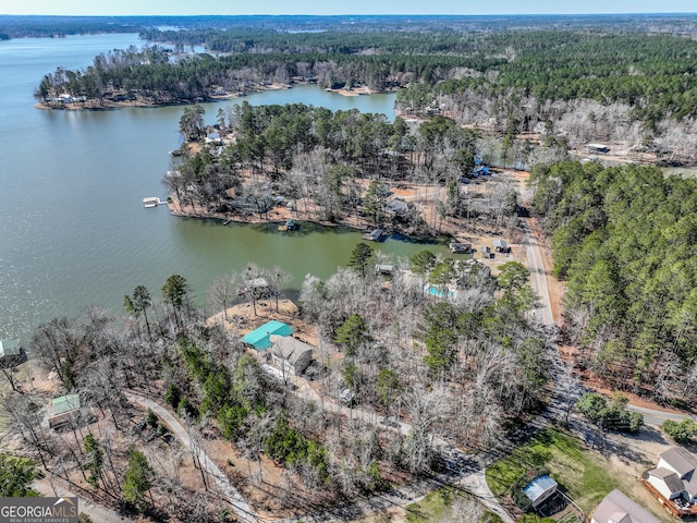 bird's eye view featuring a forest view and a water view