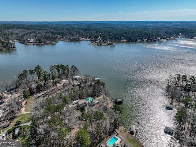 drone / aerial view with a water view and a wooded view