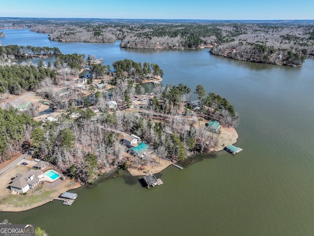 drone / aerial view featuring a water view and a view of trees