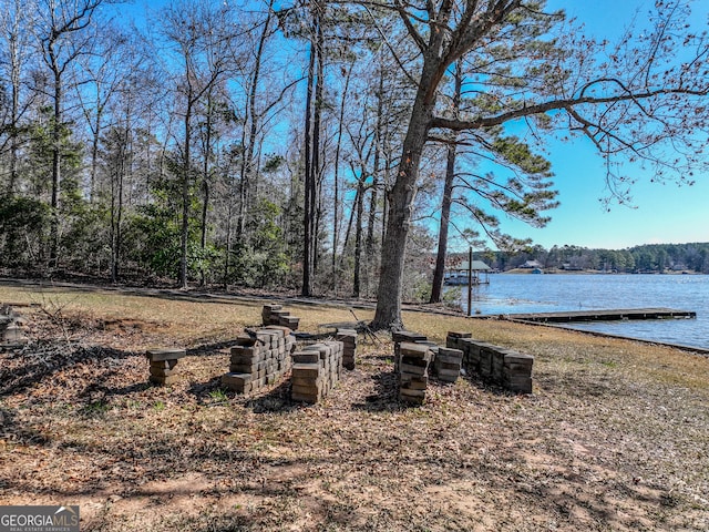 view of yard featuring a dock and a water view