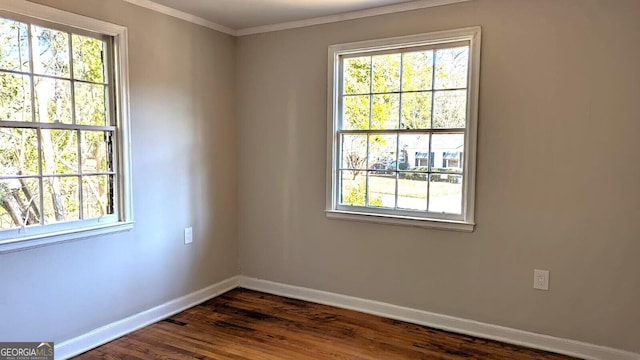 spare room with ornamental molding and dark hardwood / wood-style floors