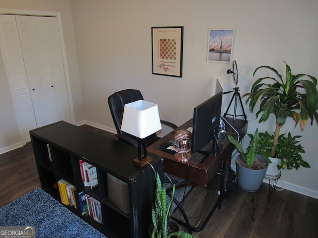 home office featuring dark wood-type flooring