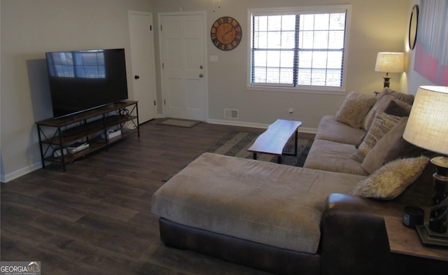 living room featuring dark wood-type flooring