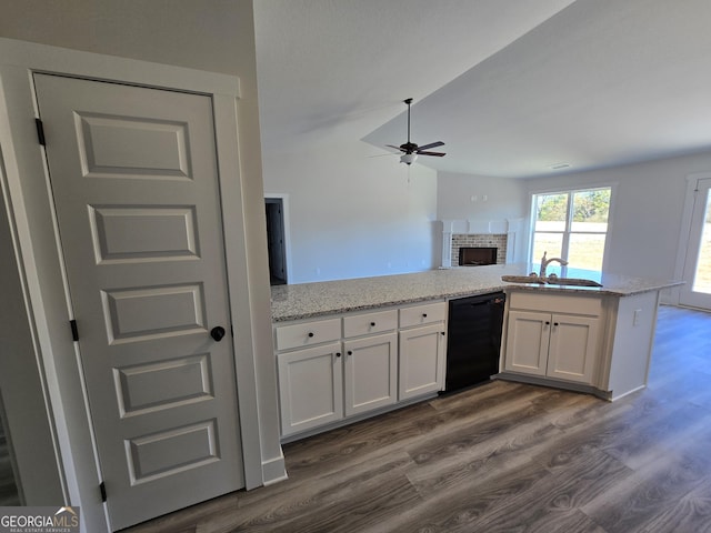 kitchen featuring sink, white cabinetry, light stone counters, dark hardwood / wood-style flooring, and dishwasher