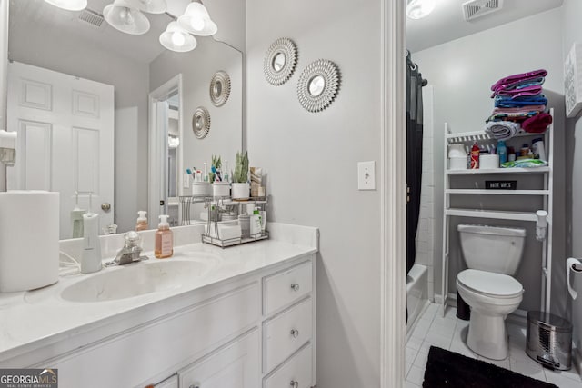 full bathroom featuring shower / bath combination with curtain, tile patterned floors, toilet, and vanity