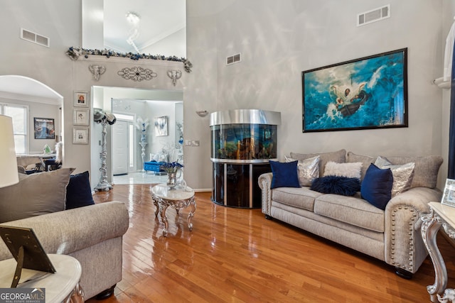 living room with ornamental molding, wood-type flooring, and a high ceiling